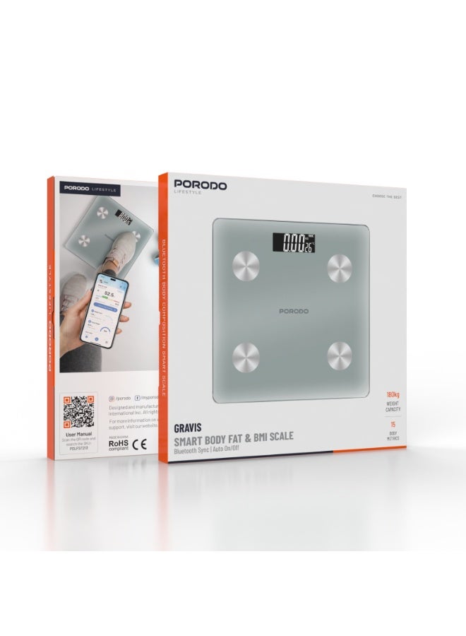 porodo Scale Gravis Smart Body Fast & BMI Scale with Bluetooth Sync & Auto On/Off / Digital Display / High precision Sensors / 180Kg Weight Capacity / 15 Body Metrics - White - Image 3